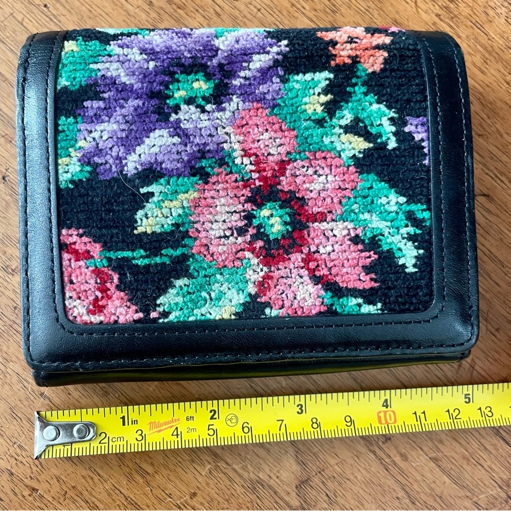 Black embroidered and leather multi-pocket wallet. Unique and unlabeled.